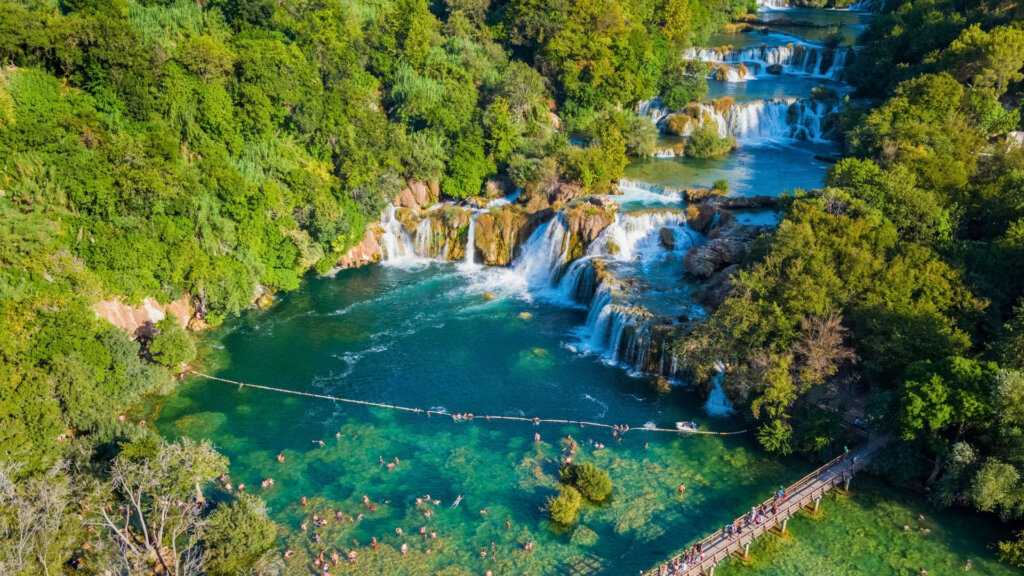 Krka Waterfalls near Skradin in Croatia viewed from above during a luxury yacht route from Split