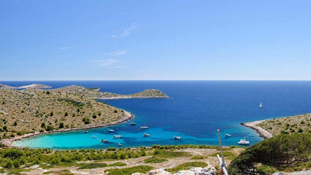 Aerial view of Kornati Islands with turquoise bays and yachts in Croatia